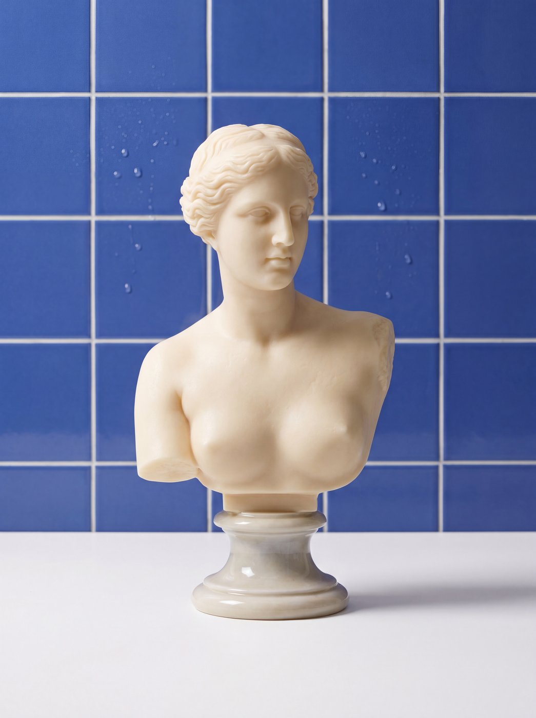 jabon. — busto sobre azulejo azul